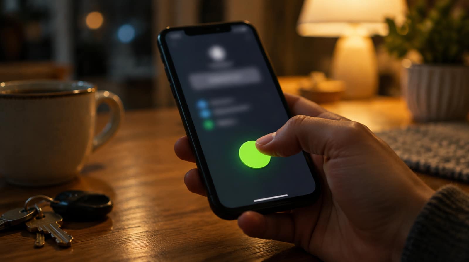 A hand holds a phone over a wooden table and taps a green approve button, coffee and keys beside it.