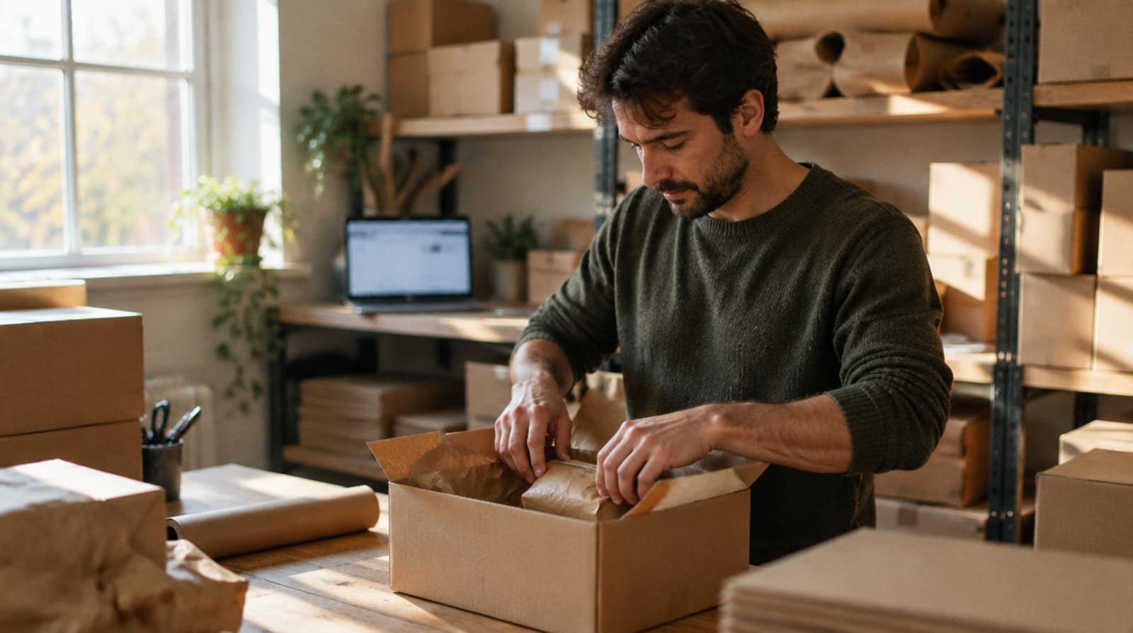Warehouse worker packing an online order, the kind of request a Gorgias alternative has to handle