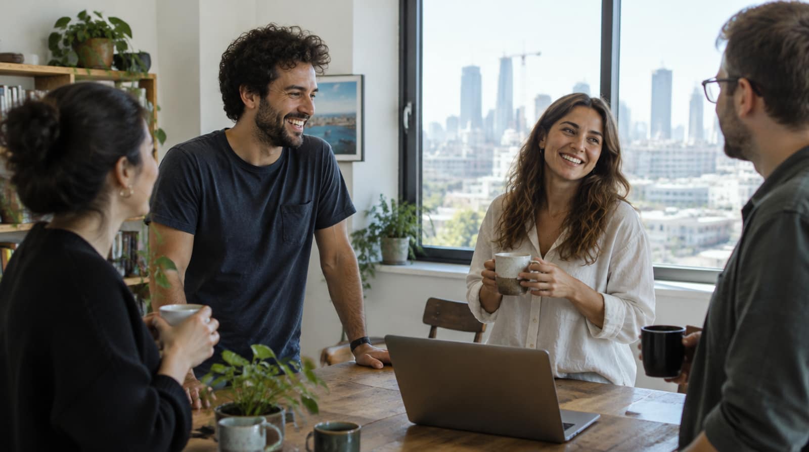 An office team talks over coffee, with a city view behind them.